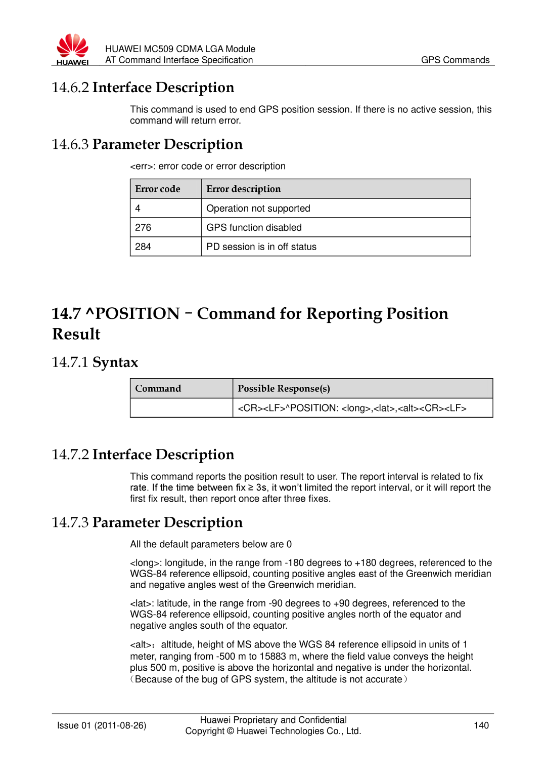 Huawei MC509 manual POSITION-Command for Reporting Position Result, GPS function disabled 284 PD session is in off status 