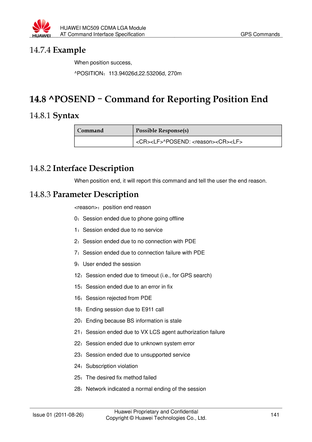 Huawei MC509 manual POSEND-Command for Reporting Position End, When position success POSITION：113.94026d,22.53206d, 270m 