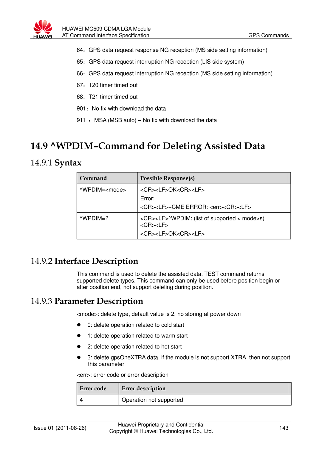 Huawei MC509 manual WPDIM-Command for Deleting Assisted Data, WPDIM=mode, Wpdim=?, Crlfwpdim list of supported modes 