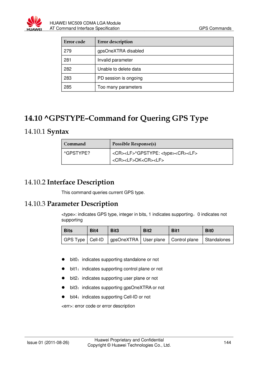 Huawei MC509 GPSTYPE-Command for Quering GPS Type, Gpstype?, Crlfgpstype typeCRLF, This command queries current GPS type 