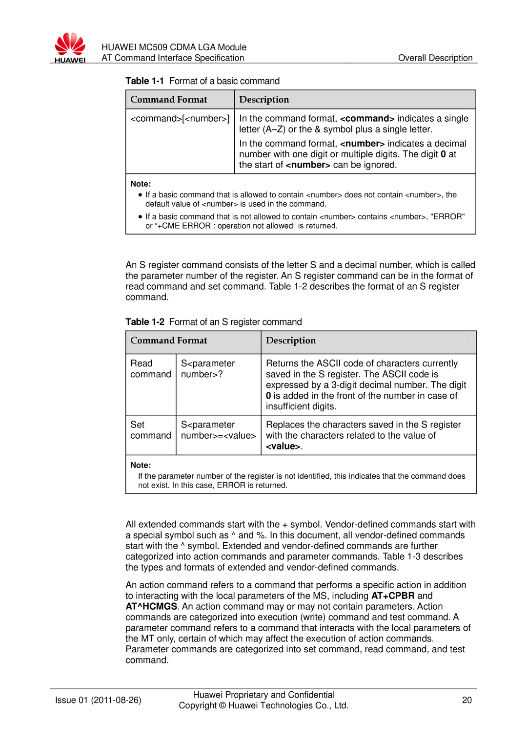 Huawei MC509 manual 1Format of a basic command, Command Format Description 