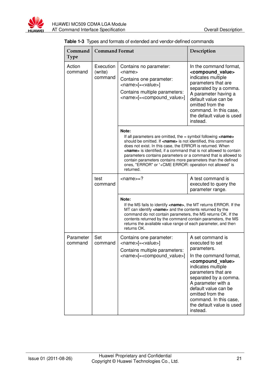 Huawei MC509 manual Command Command Format Description Type 