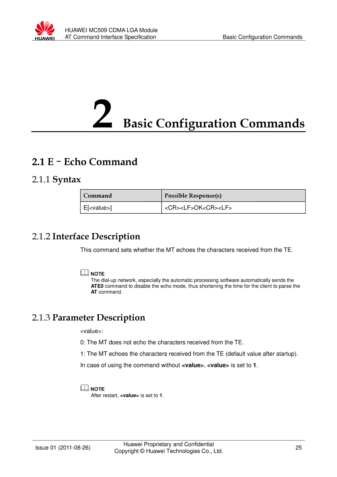 Huawei MC509 manual Basic Configuration Commands, Echo Command, Command Possible Responses, Evalue, Crlfokcrlf 