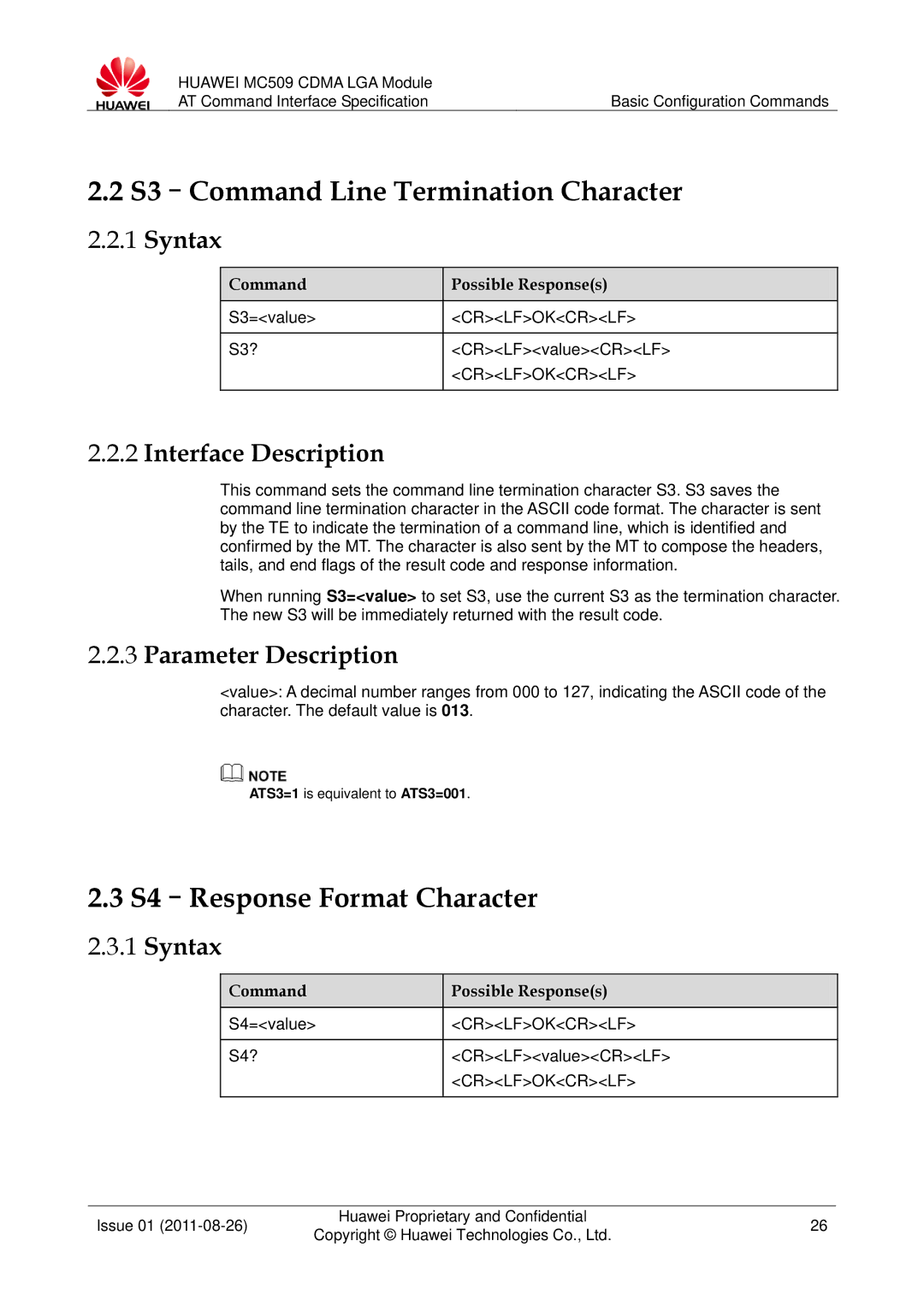 Huawei MC509 manual S3-Command Line Termination Character, S4-Response Format Character 