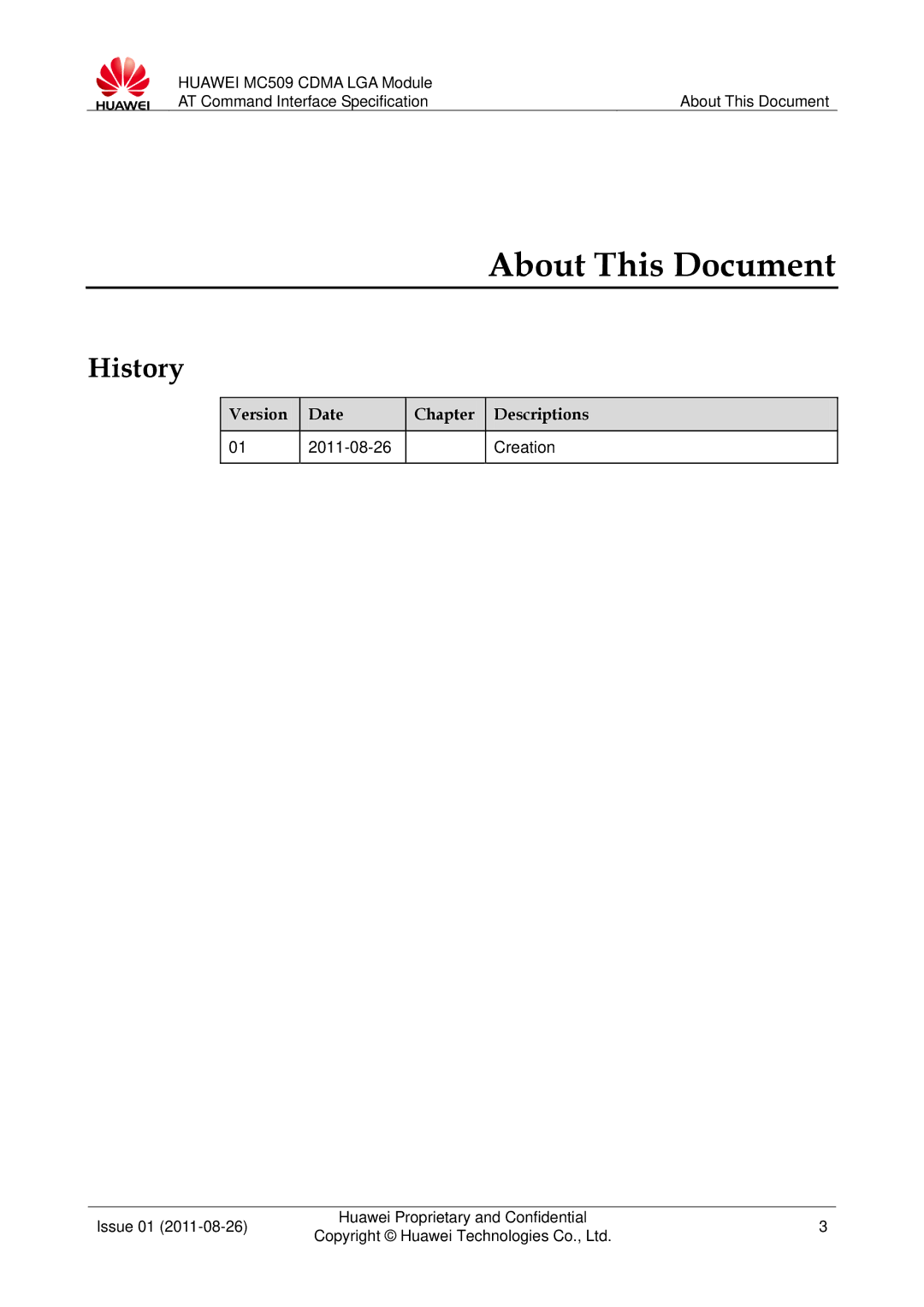 Huawei MC509 manual About This Document, History, Version Date Chapter Descriptions 