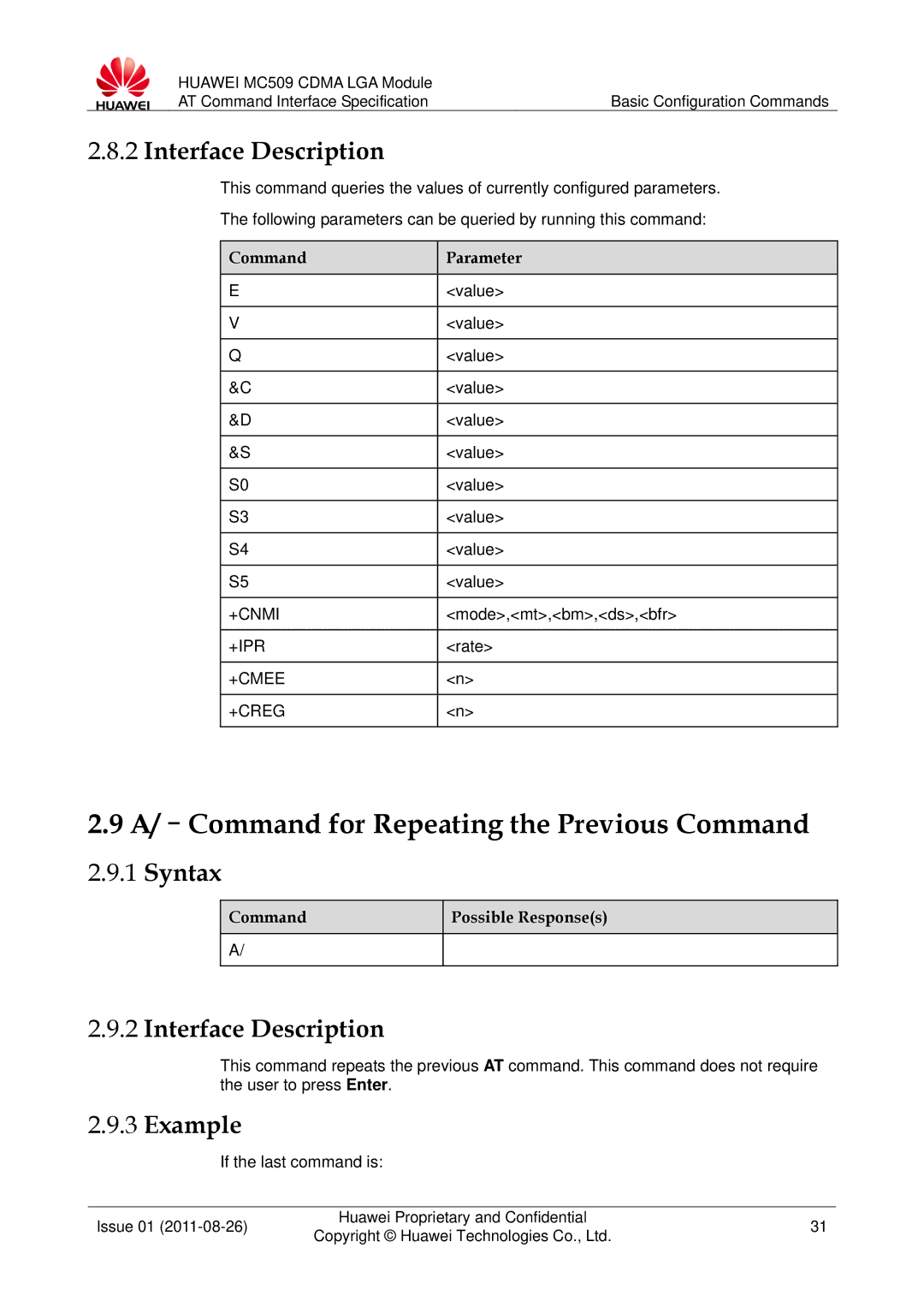 Huawei MC509 manual A/-Command for Repeating the Previous Command, +Ipr, +Cmee +Creg 