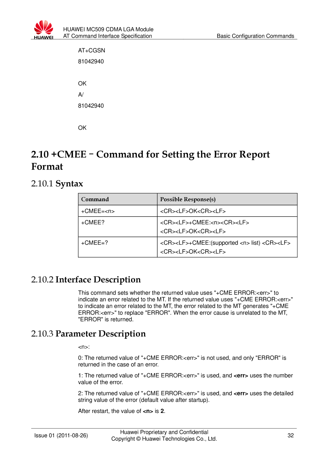 Huawei MC509 manual 10 +CMEE-Command for Setting the Error Report Format, At+Cgsn, +Cmee?, +Cmee=? 