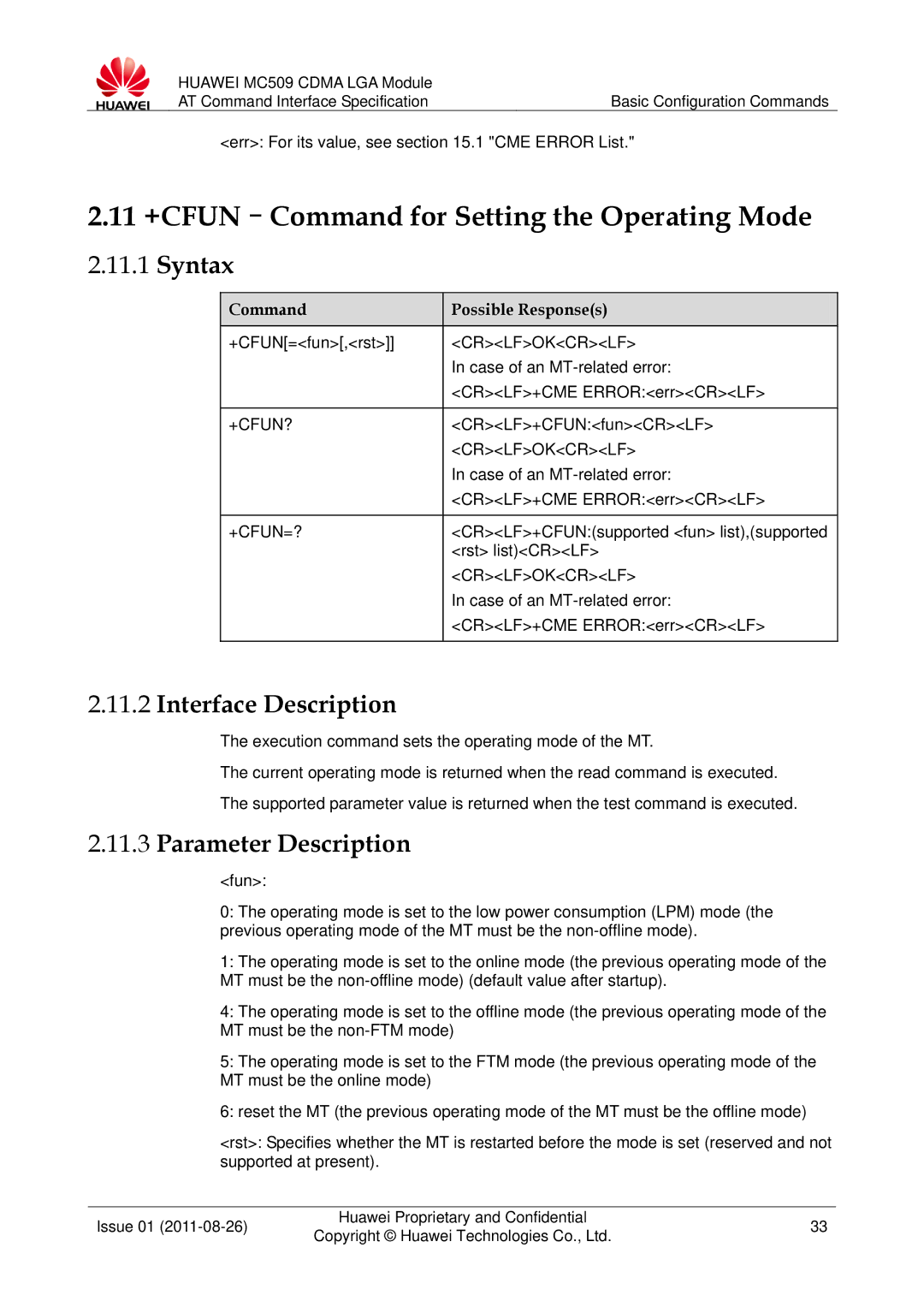 Huawei MC509 manual 11 +CFUN-Command for Setting the Operating Mode, +Cfun?, +Cfun=? 