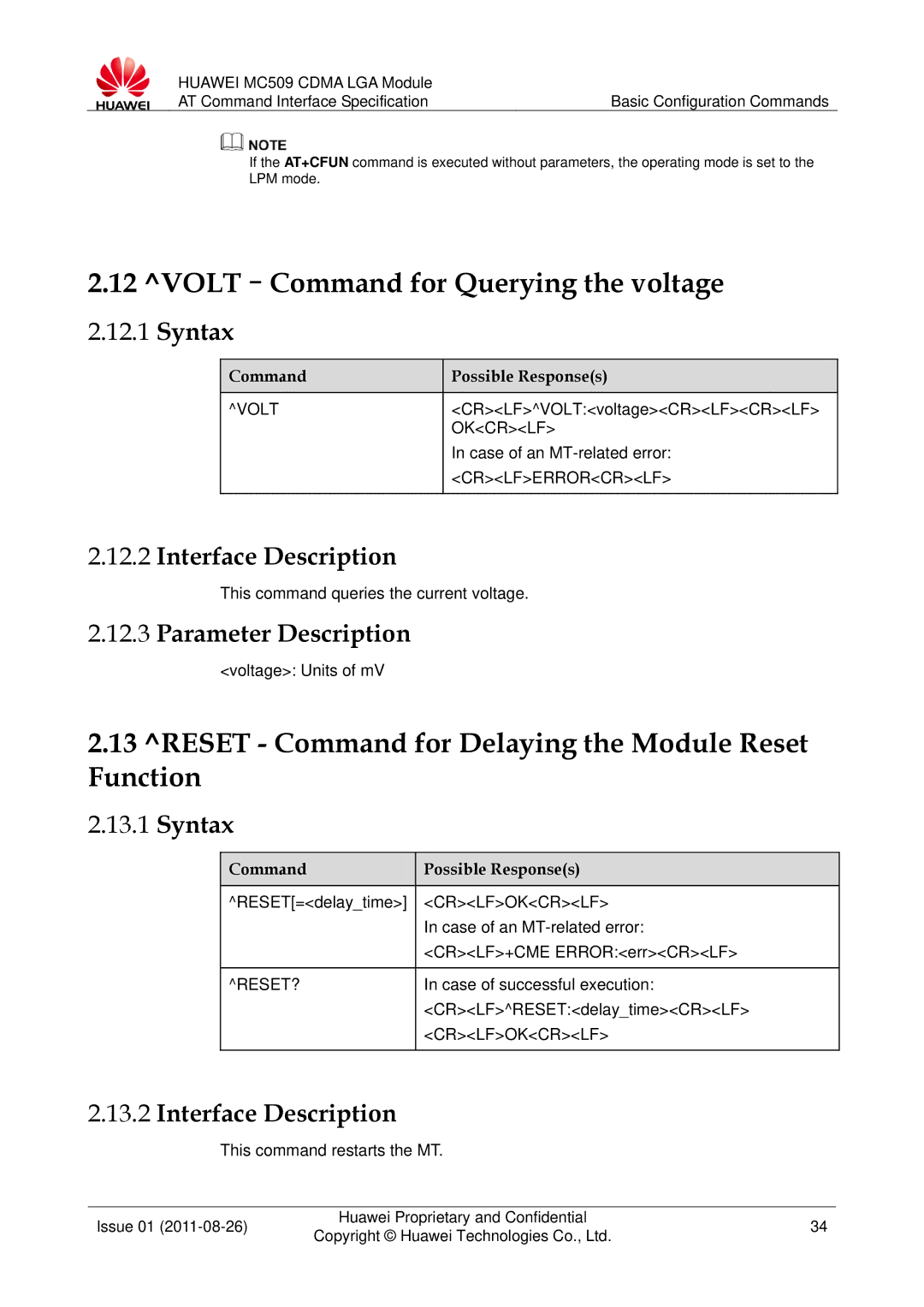 Huawei MC509 VOLT-Command for Querying the voltage, Reset Command for Delaying the Module Reset Function, Volt, Okcrlf 