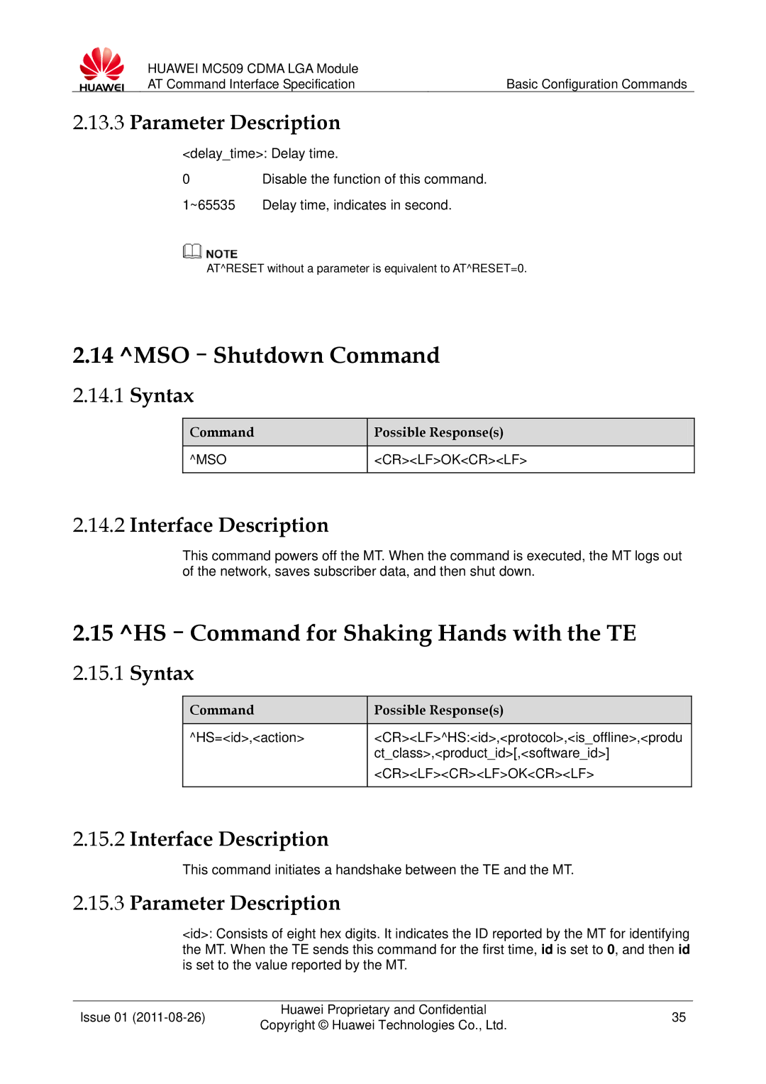 Huawei MC509 manual MSO-Shutdown Command, HS-Command for Shaking Hands with the TE, MSO Crlfokcrlf, Crlfcrlfokcrlf 