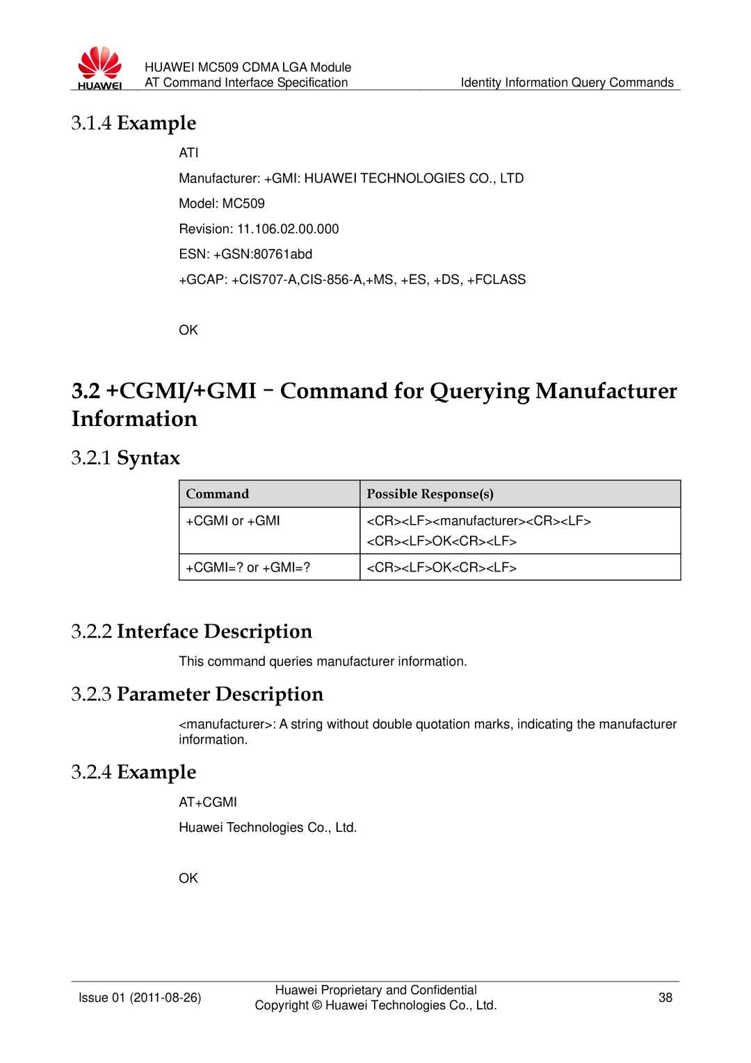 Huawei MC509 manual +CGMI/+GMI-Command for Querying Manufacturer Information, Ati, At+Cgmi 