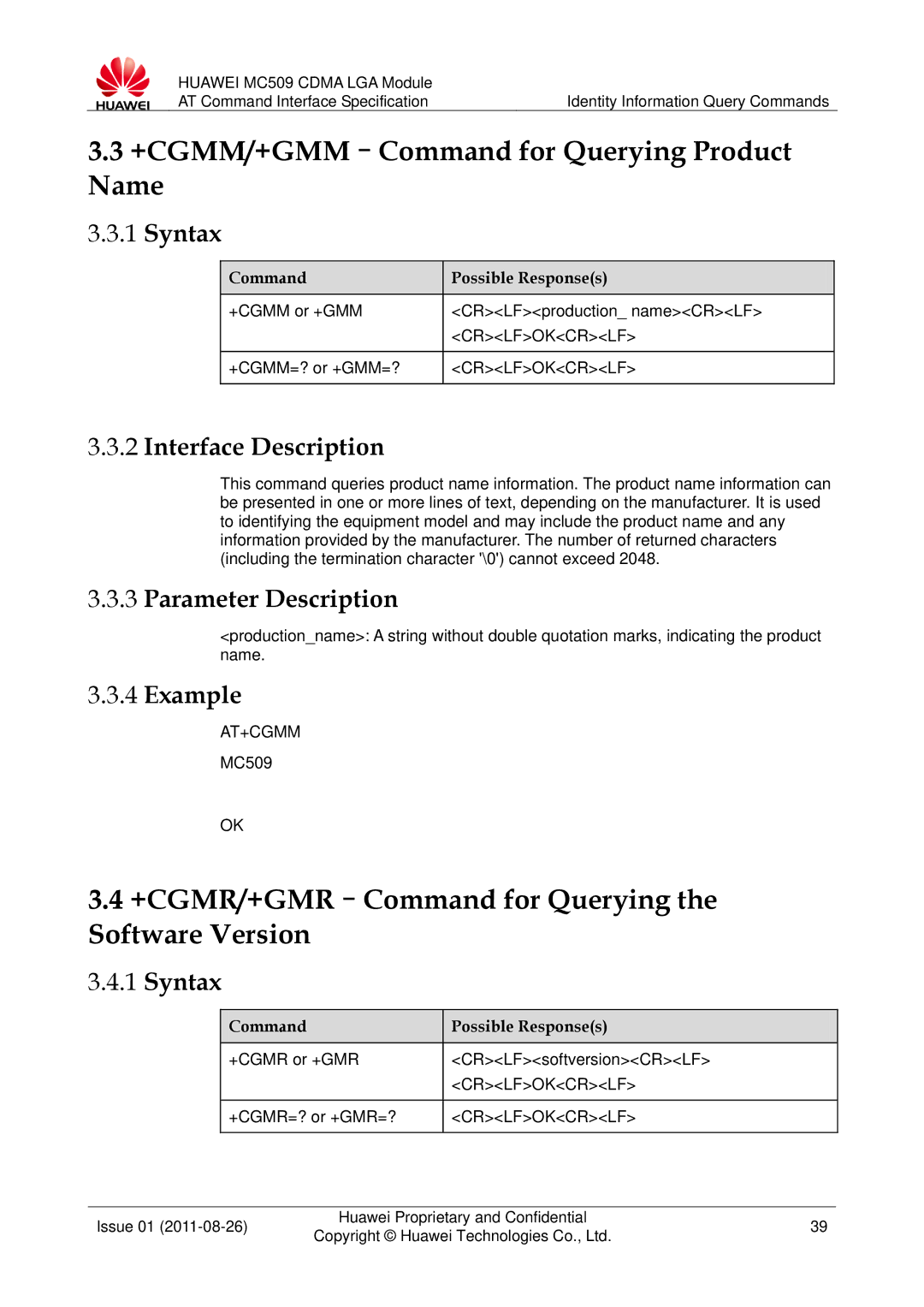 Huawei MC509 +CGMM/+GMM-Command for Querying Product Name, +CGMR/+GMR-Command for Querying the Software Version, At+Cgmm 