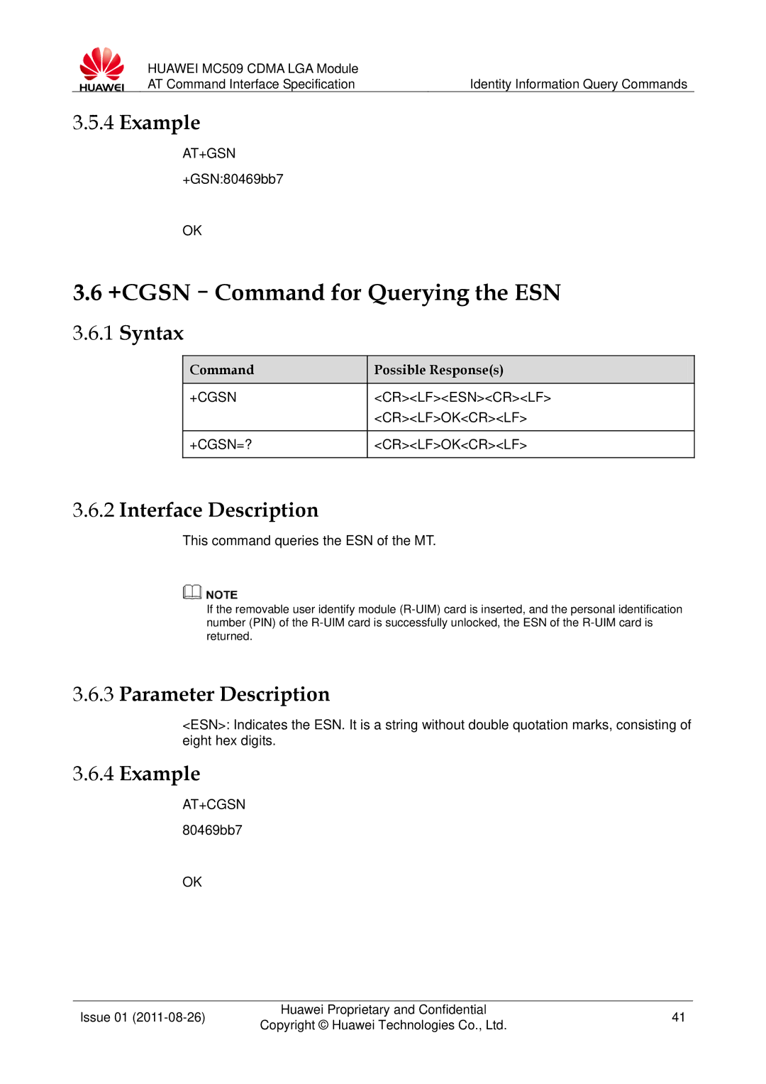 Huawei MC509 manual +CGSN-Command for Querying the ESN, At+Gsn, +GSN80469bb7, +CGSN Crlfesncrlf Crlfokcrlf +CGSN=? 