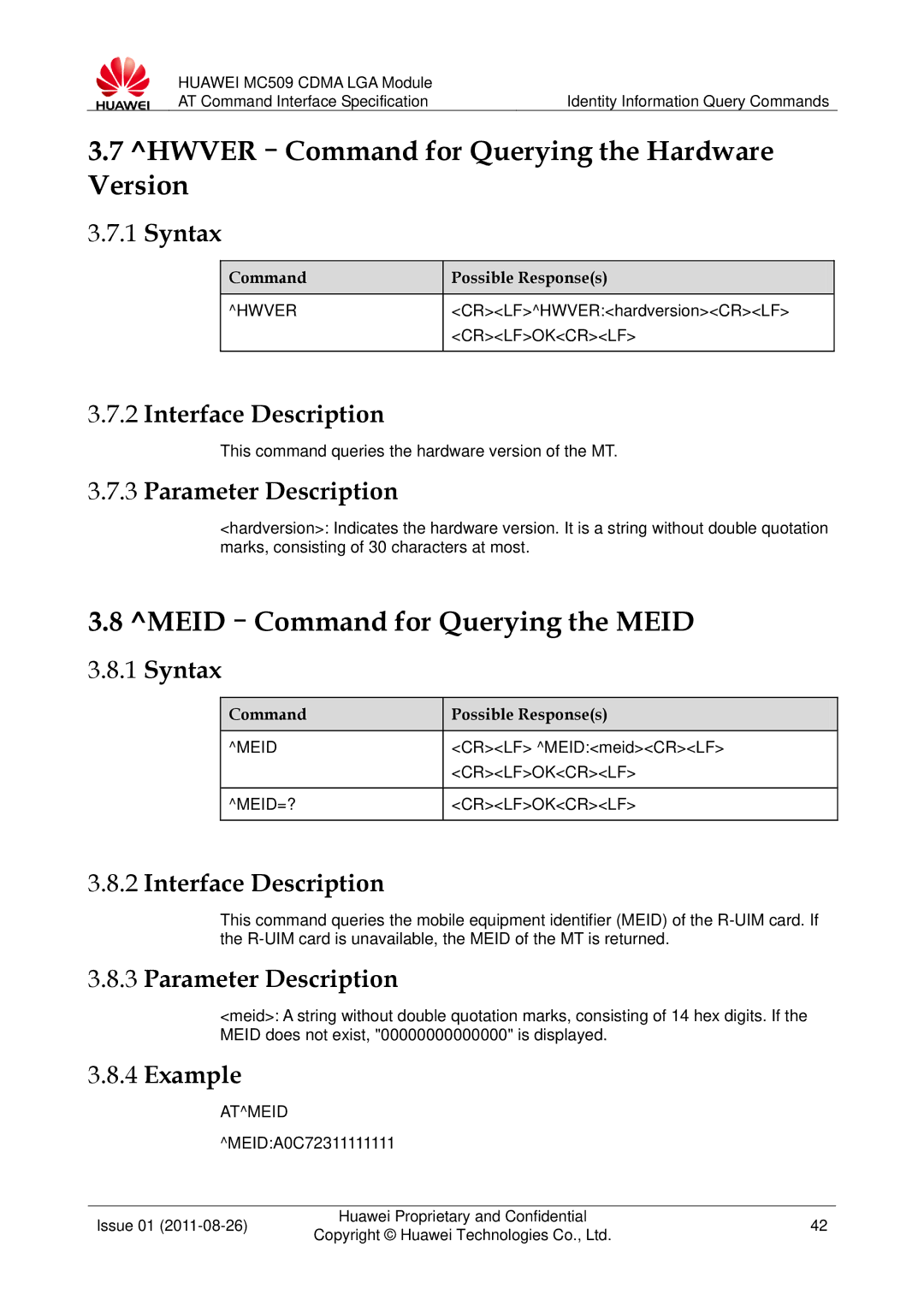 Huawei MC509 manual HWVER-Command for Querying the Hardware Version, MEID-Command for Querying the Meid 