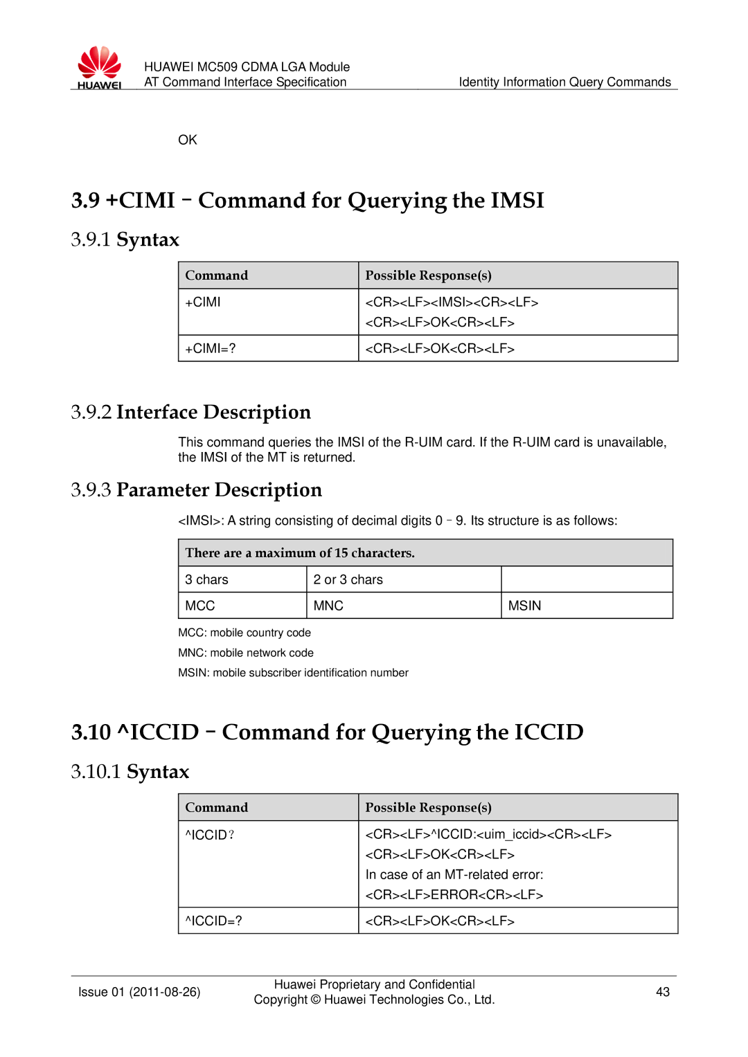 Huawei MC509 manual +CIMI-Command for Querying the Imsi, ICCID-Command for Querying the Iccid 