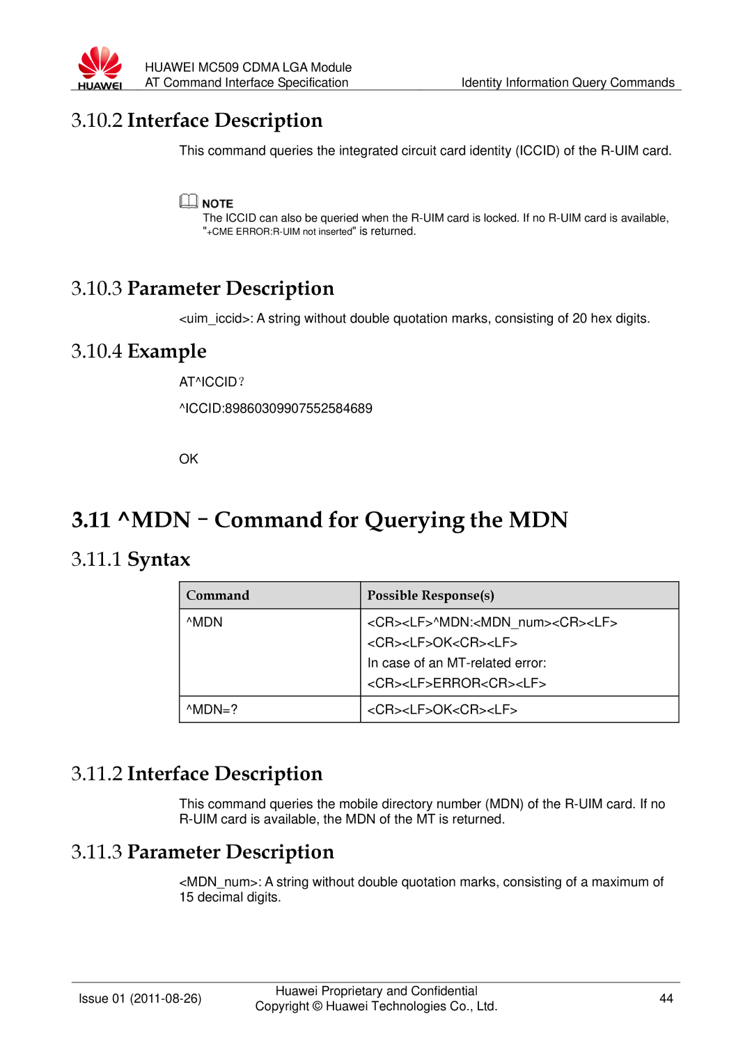 Huawei MC509 manual MDN-Command for Querying the MDN, Aticcid？, Mdn 