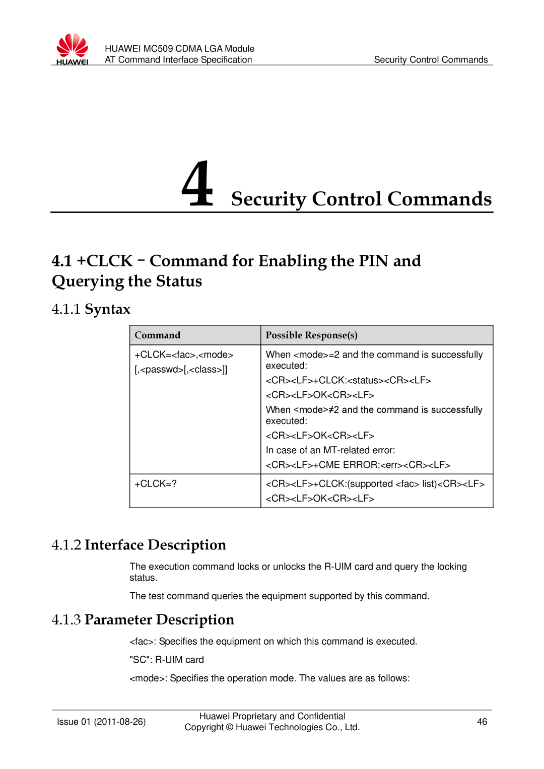 Huawei MC509 manual Security Control Commands, +CLCK-Command for Enabling the PIN and Querying the Status, +Clck=? 