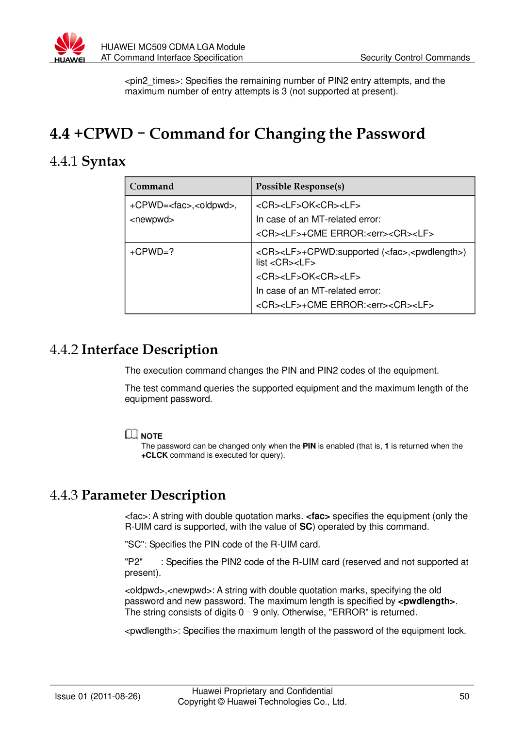 Huawei MC509 manual +CPWD-Command for Changing the Password, +Cpwd=? 