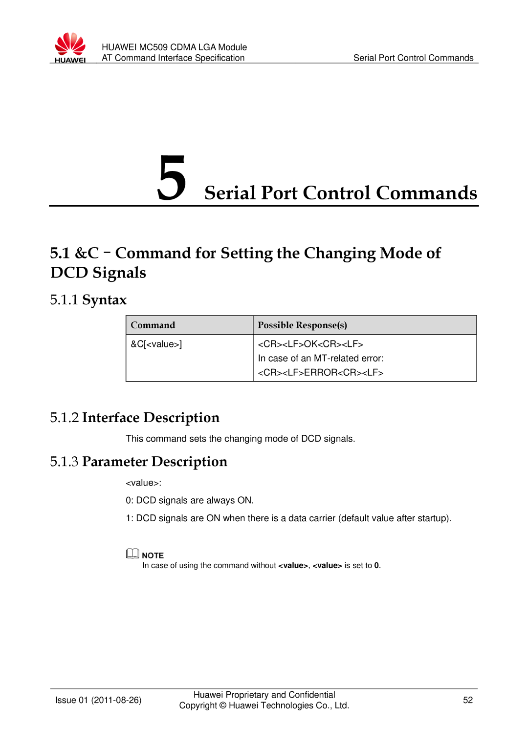 Huawei MC509 manual Serial Port Control Commands, C-Command for Setting the Changing Mode of DCD Signals, Cvalue 