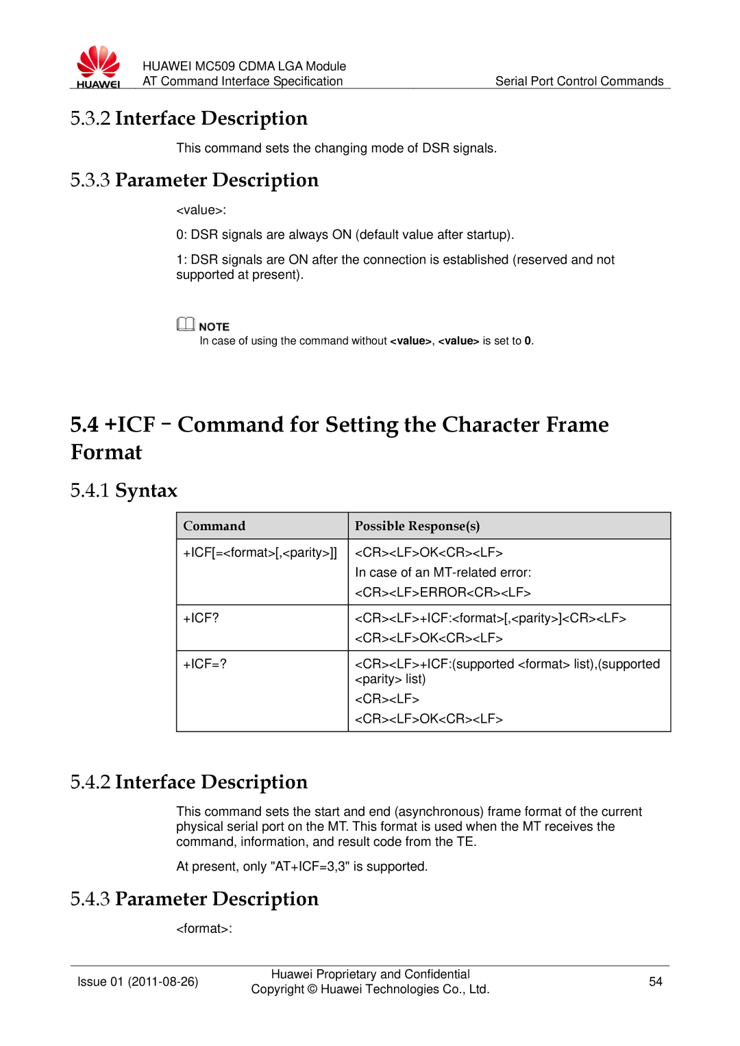 Huawei MC509 manual +ICF-Command for Setting the Character Frame Format, +Icf? 