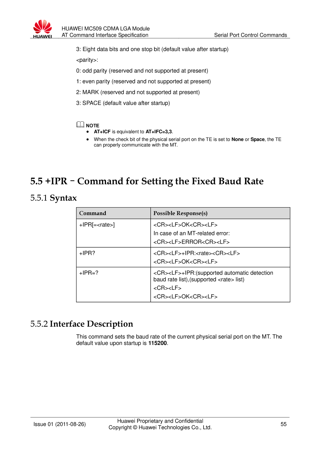 Huawei MC509 manual +IPR-Command for Setting the Fixed Baud Rate, +IPR=rate, +Ipr?, CRLF+IPRrateCRLF 