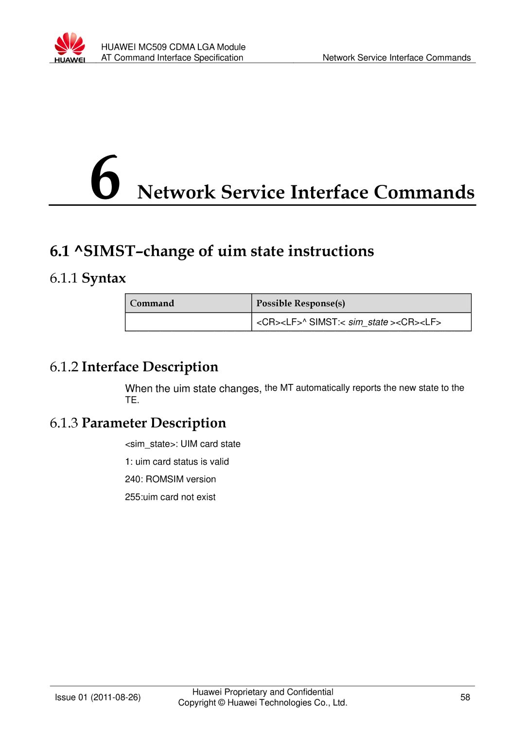 Huawei MC509 manual Network Service Interface Commands, SIMST-change of uim state instructions, Crlf Simst simstate Crlf 