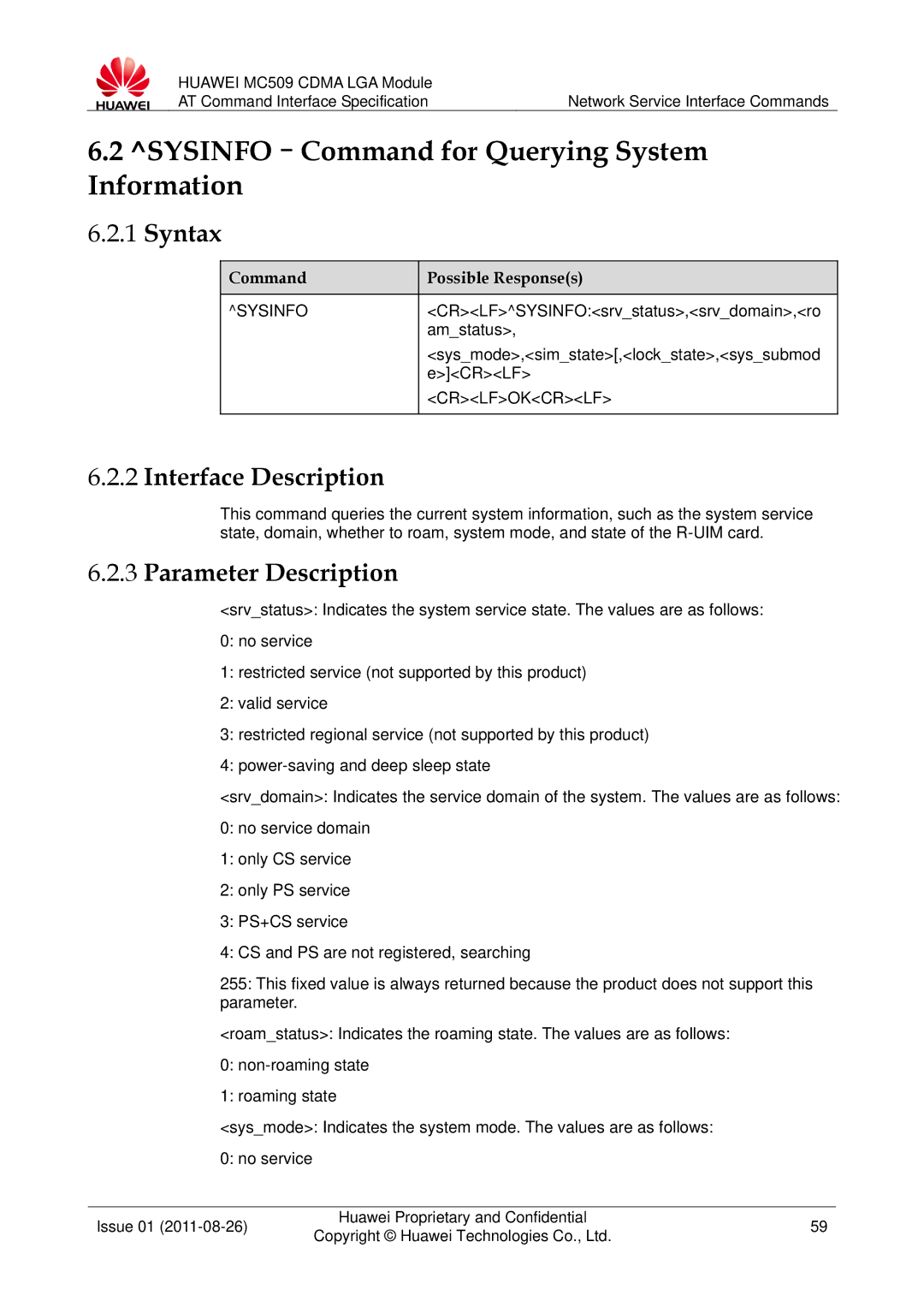 Huawei MC509 manual SYSINFO-Command for Querying System Information, Sysinfo 