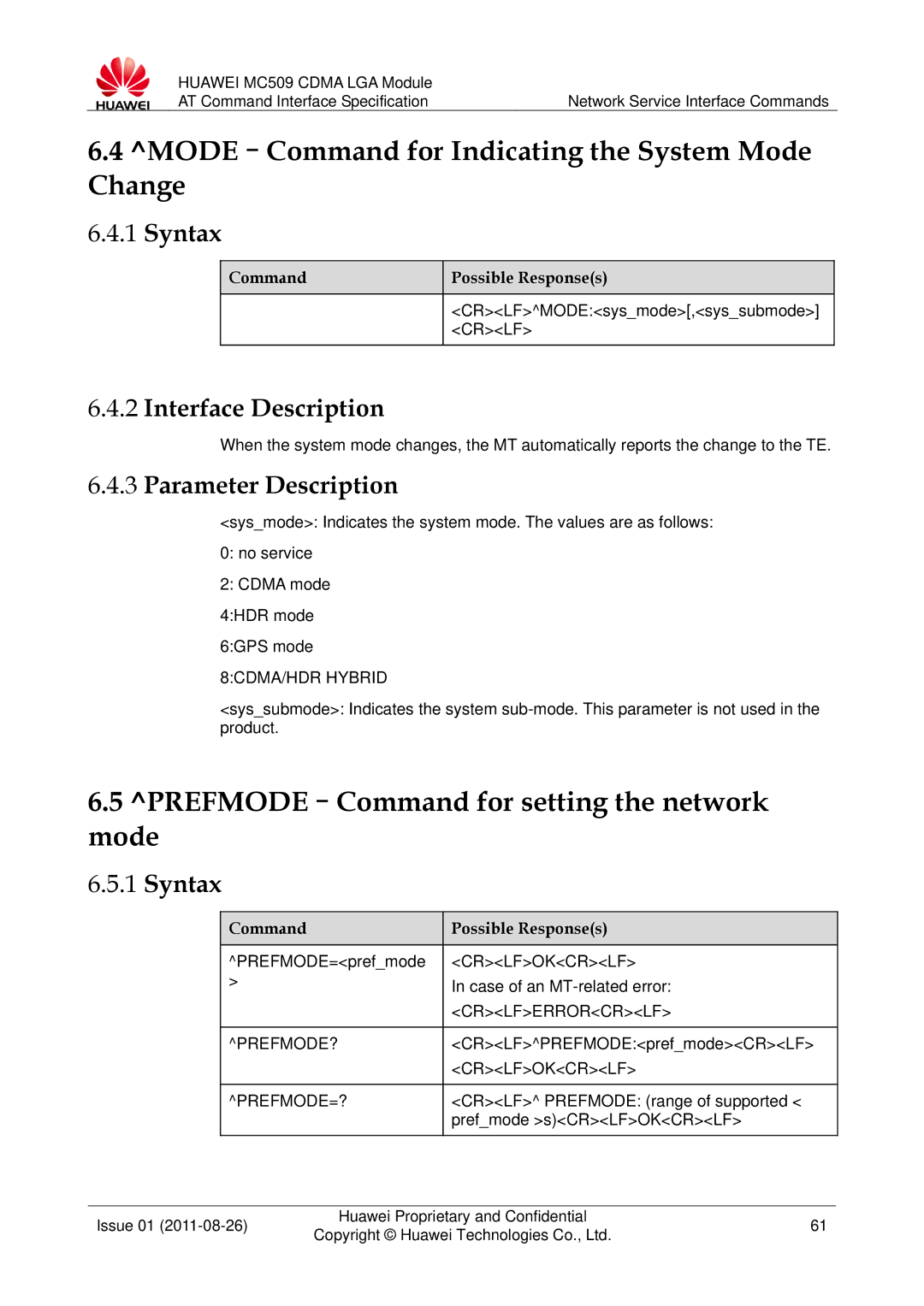 Huawei MC509 manual MODE-Command for Indicating the System Mode Change, PREFMODE-Command for setting the network mode 