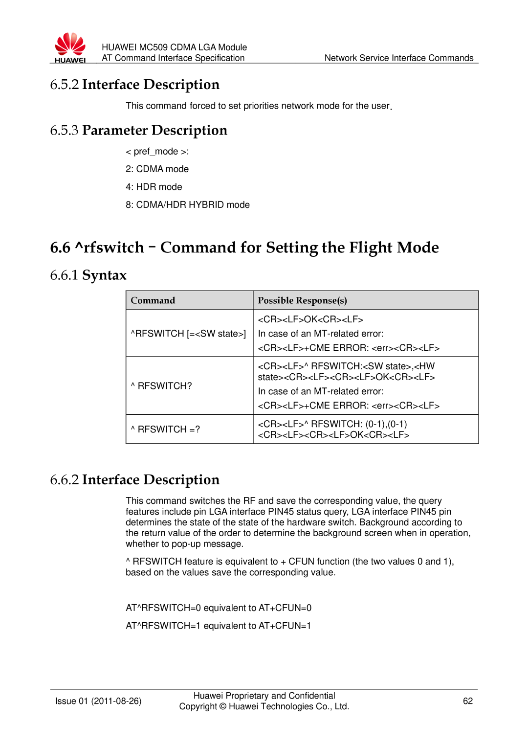 Huawei MC509 Rfswitch-Command for Setting the Flight Mode, Prefmode 2 Cdma mode HDR mode CDMA/HDR Hybrid mode, Rfswitch? 