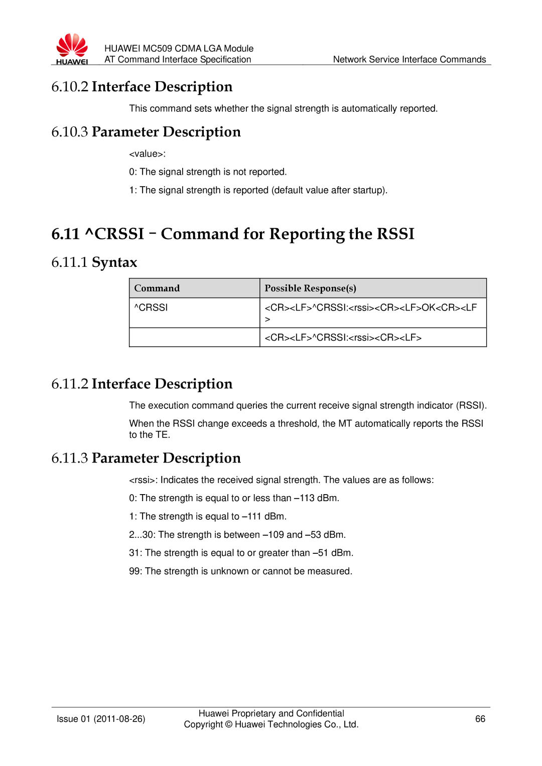 Huawei MC509 manual CRSSI-Command for Reporting the Rssi, Crssi, CRLFCRSSIrssiCRLFOKCRLF 