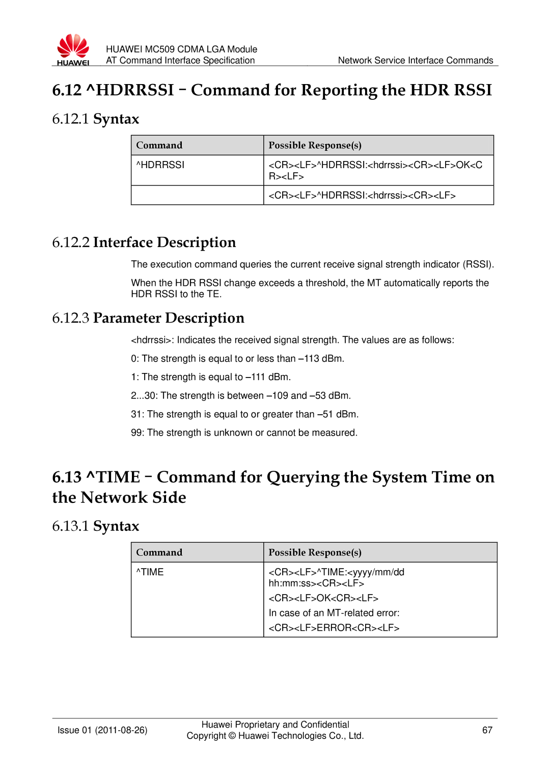 Huawei MC509 manual HDRRSSI-Command for Reporting the HDR Rssi, Hdrrssi, Time 