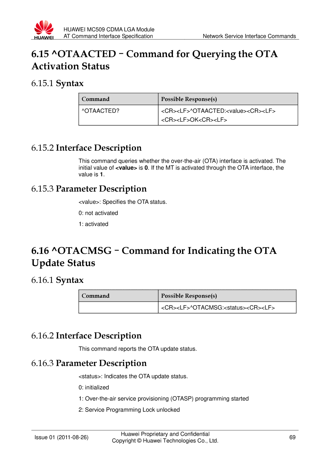 Huawei MC509 OTAACTED-Command for Querying the OTA Activation Status, OTACMSG-Command for Indicating the OTA Update Status 