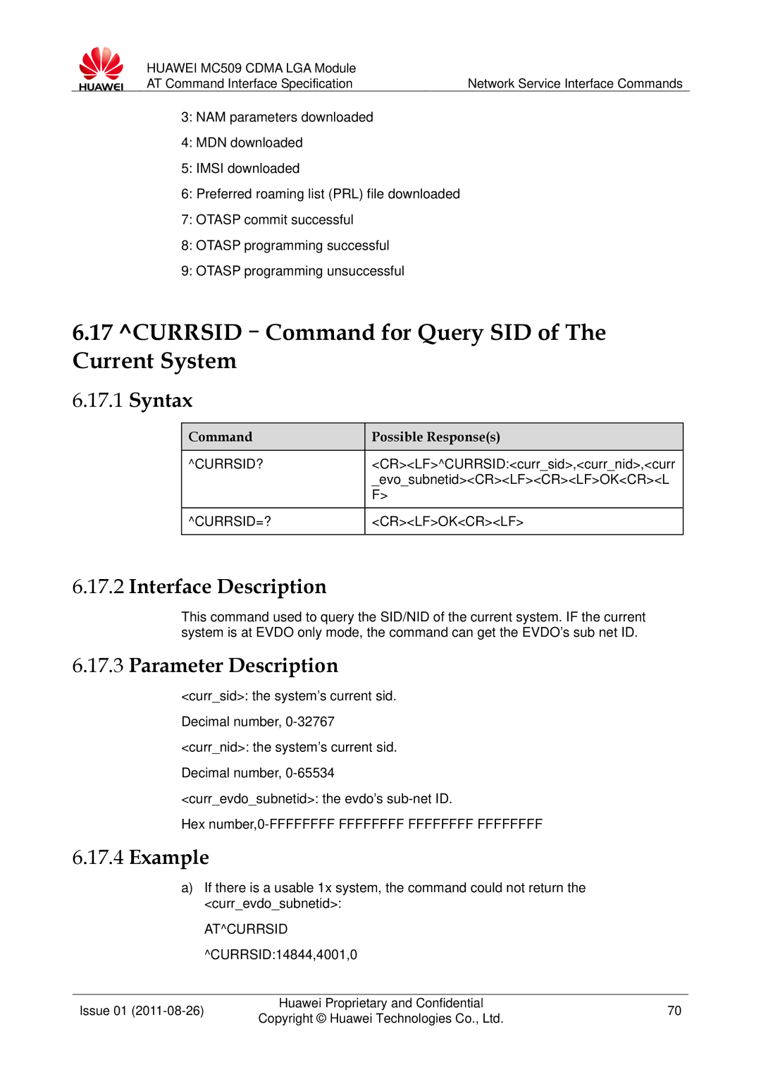 Huawei MC509 manual CURRSID-Command for Query SID of The Current System, Currsid?, CURRSID=? Crlfokcrlf, Atcurrsid 