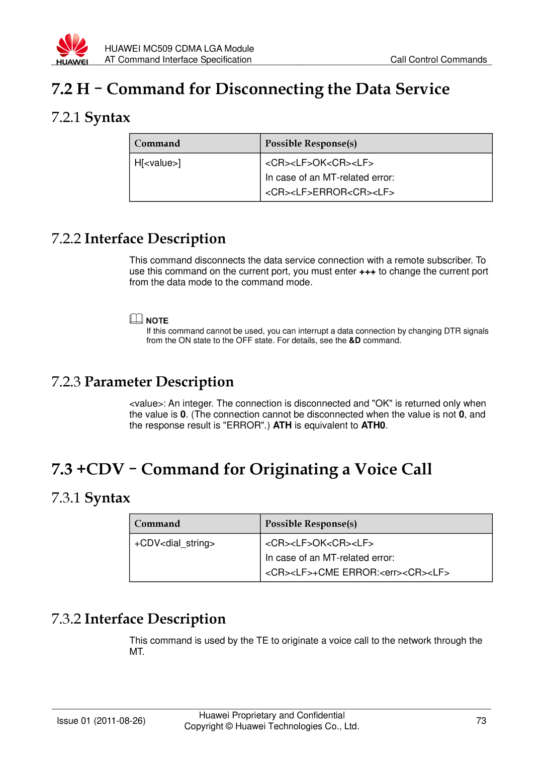 Huawei MC509 Command for Disconnecting the Data Service, +CDV-Command for Originating a Voice Call, Hvalue, +CDVdialstring 