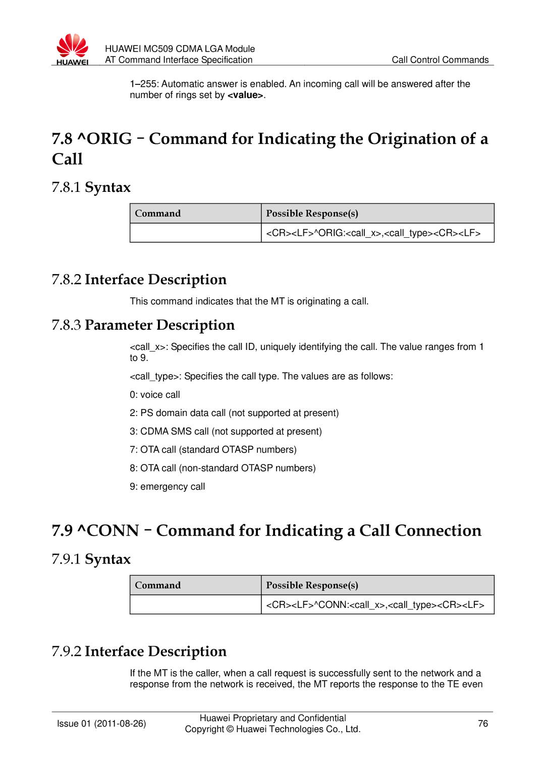 Huawei MC509 manual ORIG-Command for Indicating the Origination of a Call, CONN-Command for Indicating a Call Connection 