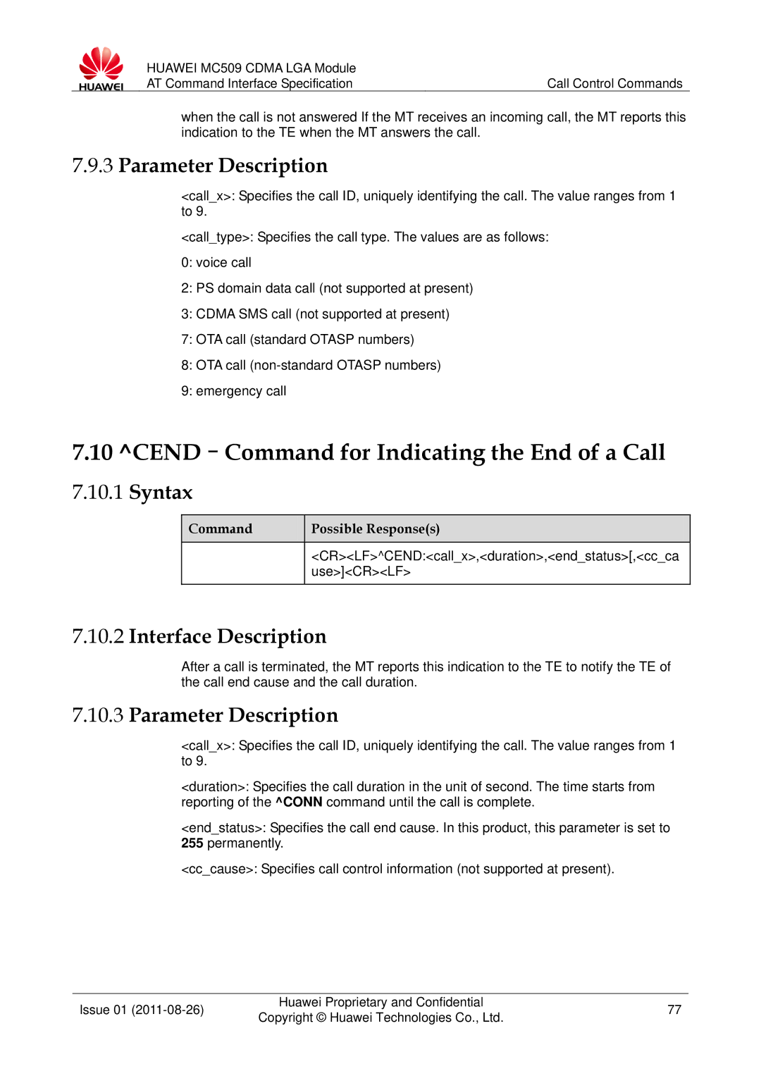 Huawei MC509 manual CEND-Command for Indicating the End of a Call, CRLFCENDcallx,duration,endstatus,ccca, UseCRLF 