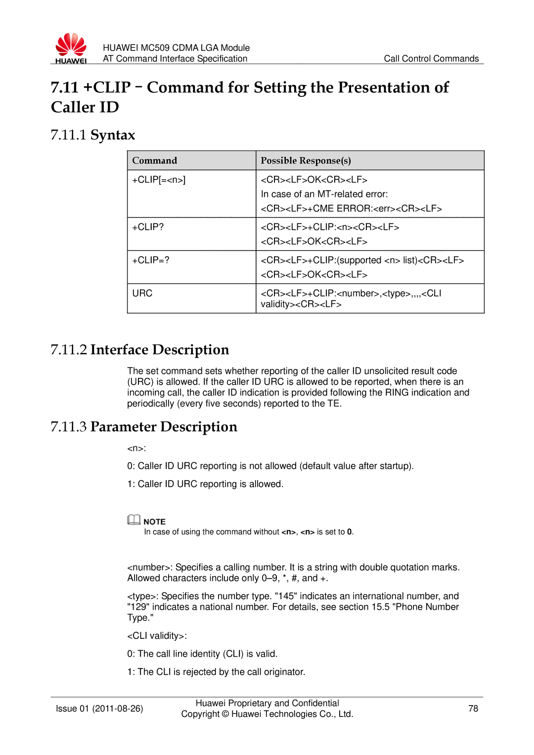 Huawei MC509 manual 11 +CLIP-Command for Setting the Presentation of Caller ID, +Clip?, +Clip=?, Urc 