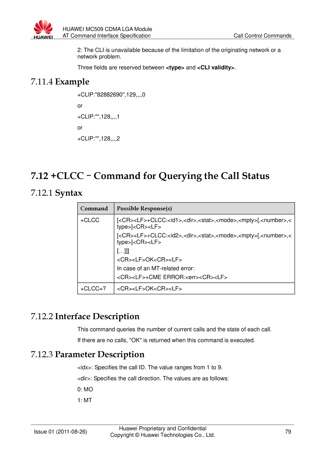 Huawei MC509 manual 12 +CLCC-Command for Querying the Call Status, +Clcc, +CLCC=? Crlfokcrlf 