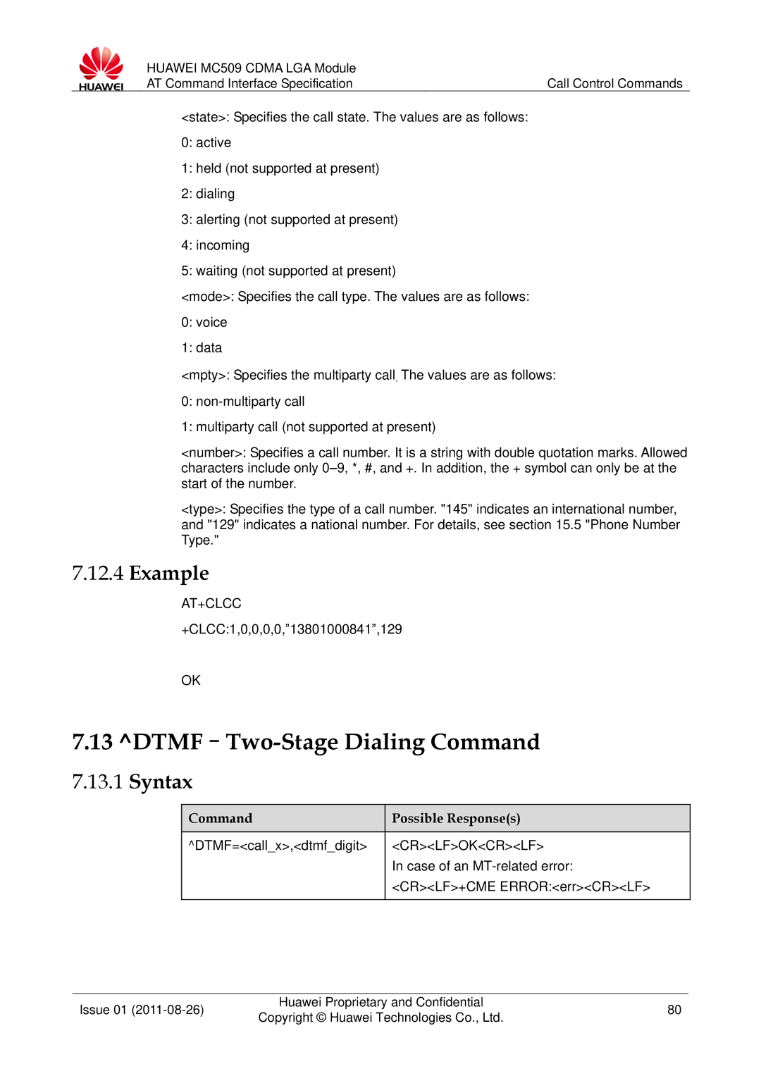 Huawei MC509 manual DTMF-Two-Stage Dialing Command, At+Clcc, +CLCC1,0,0,0,0,13801000841,129, DTMF=callx,dtmfdigit 