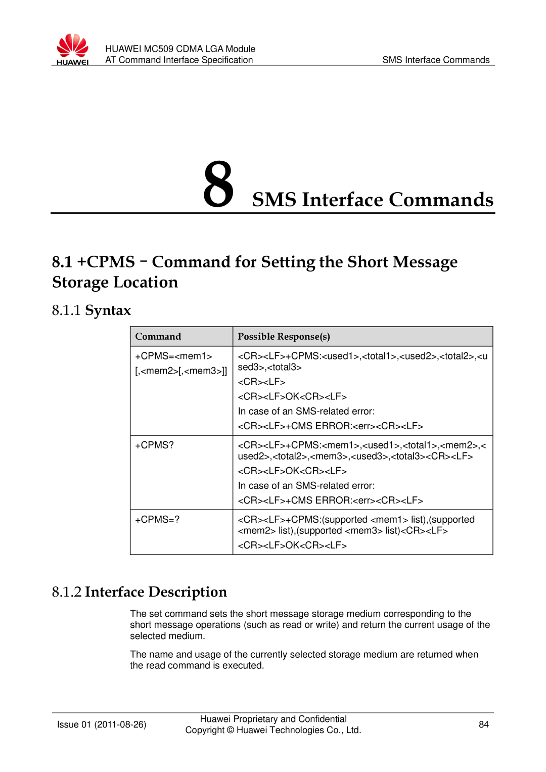 Huawei MC509 manual SMS Interface Commands, +Cpms?, +Cpms=? 