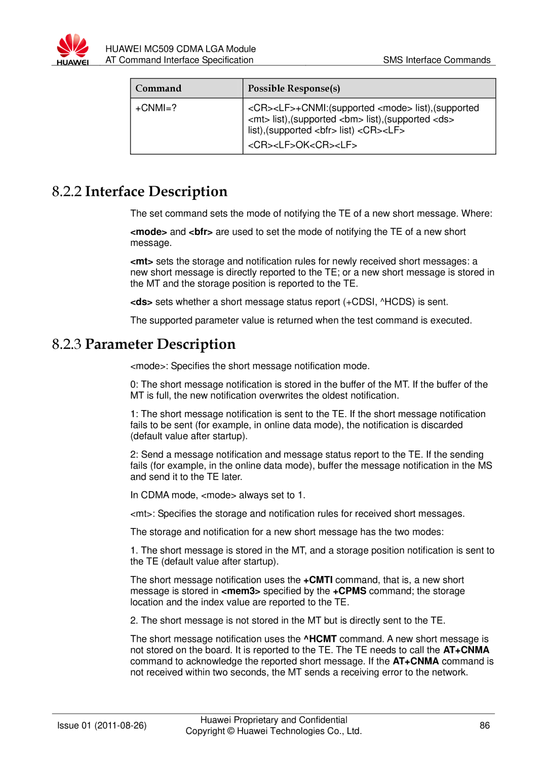 Huawei MC509 manual +Cnmi=?, CRLF+CNMIsupported mode list,supported, Mt list,supported bm list,supported ds 