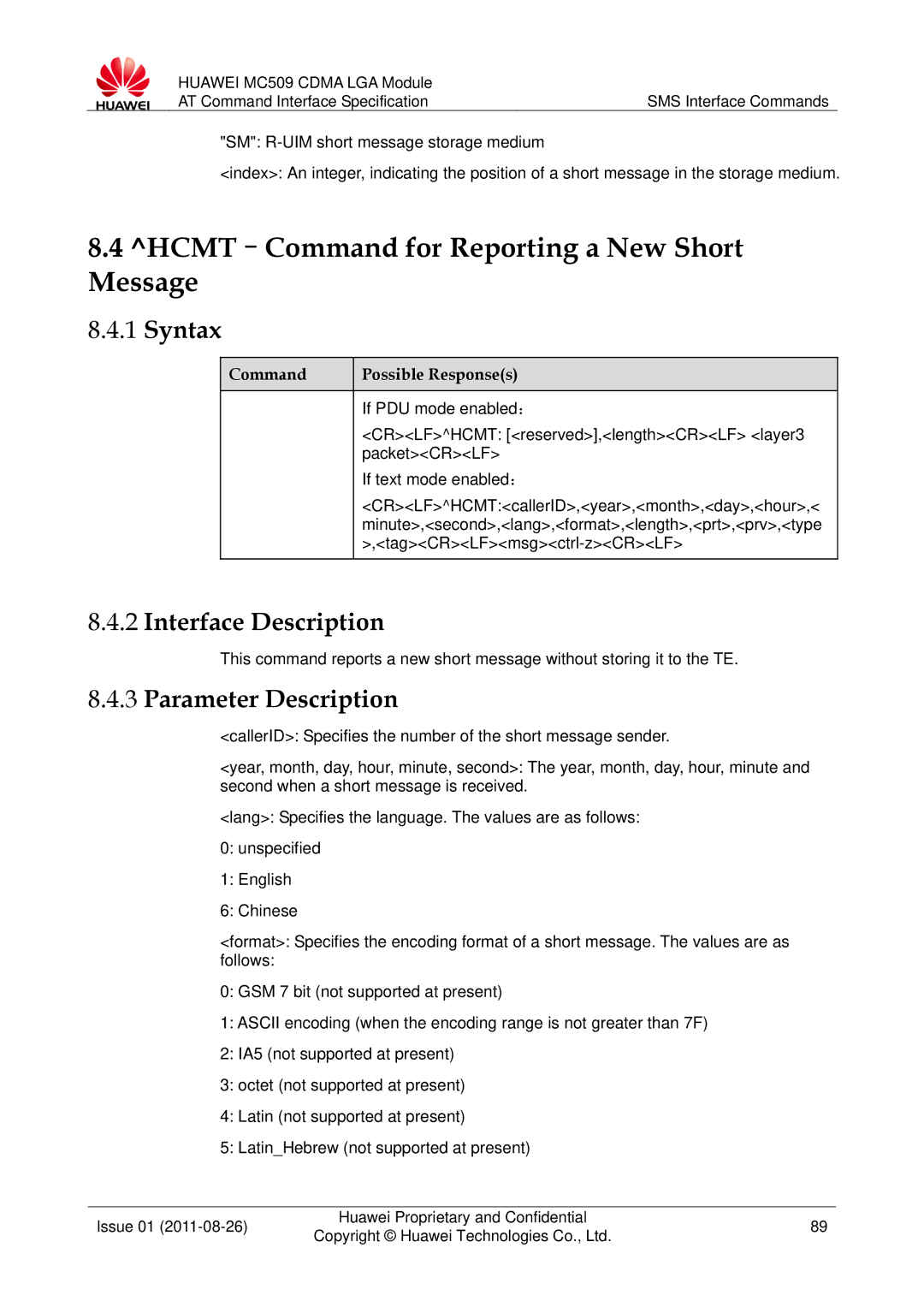 Huawei MC509 manual HCMT-Command for Reporting a New Short Message 