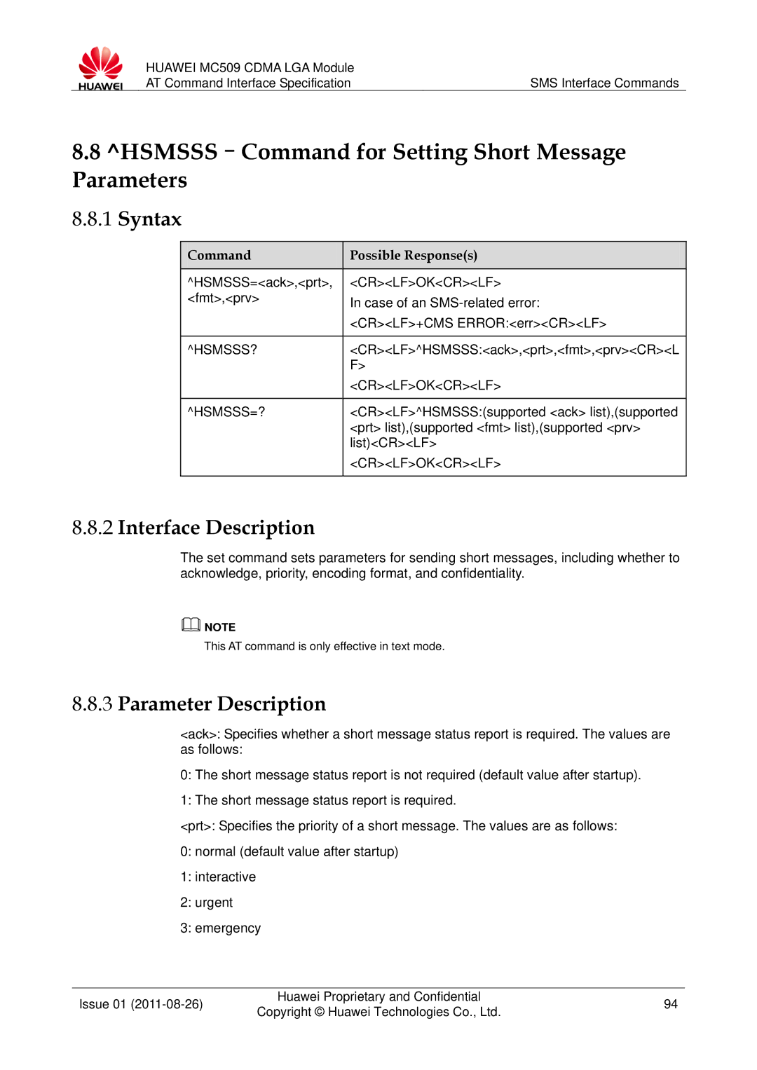 Huawei MC509 manual HSMSSS-Command for Setting Short Message Parameters, Hsmsss?, Crlfokcrlf HSMSSS=? 