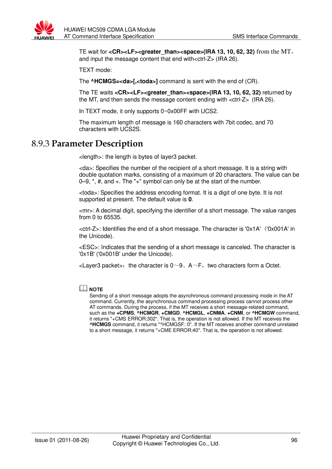 Huawei MC509 manual Text mode HCMGS=da,toda command is sent with the end of CR 