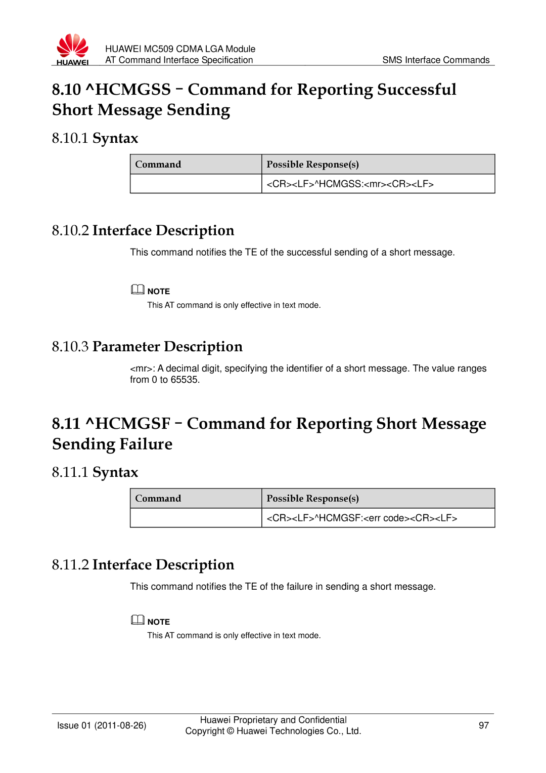 Huawei MC509 manual HCMGSF-Command for Reporting Short Message Sending Failure 