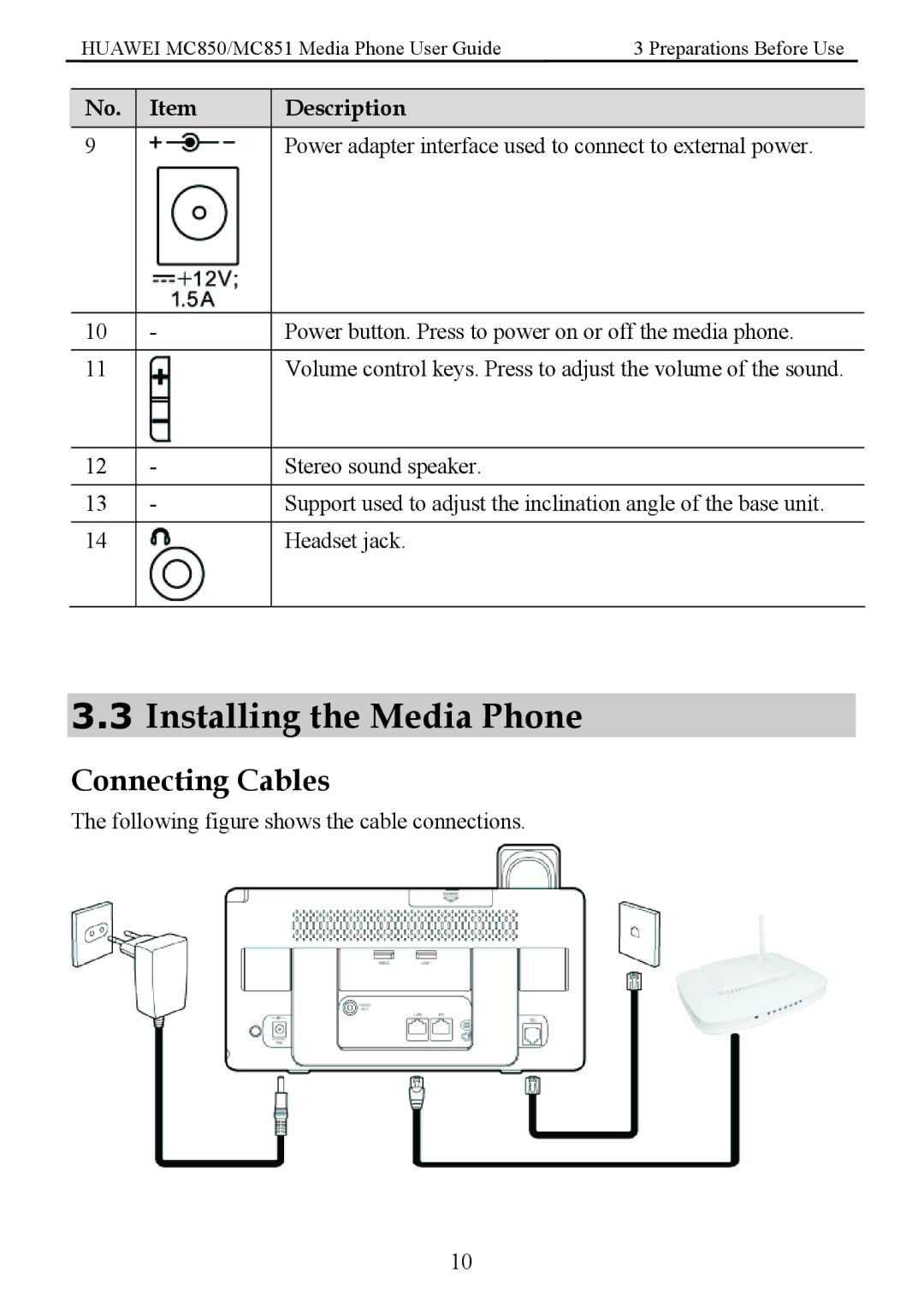 Huawei MC850 manual Installing the Media Phone, Connecting Cables 