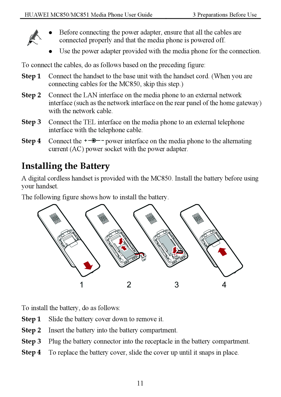 Huawei MC850 manual Installing the Battery 