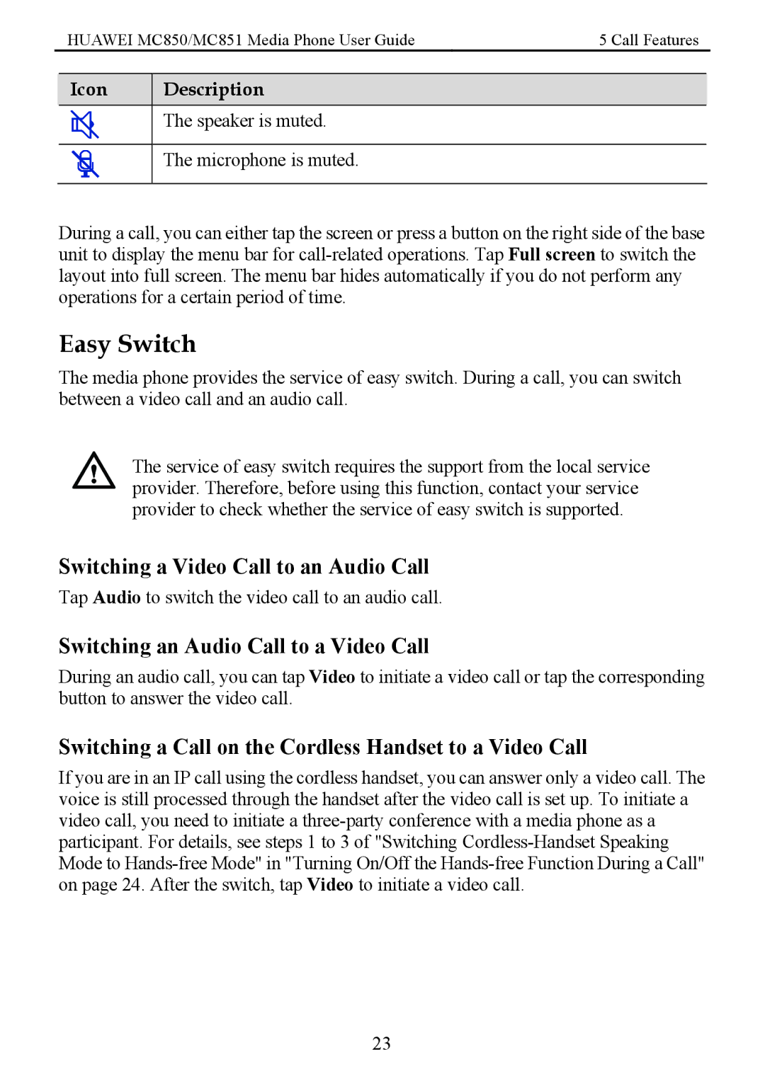 Huawei MC850 manual Easy Switch, Switching a Video Call to an Audio Call, Switching an Audio Call to a Video Call 