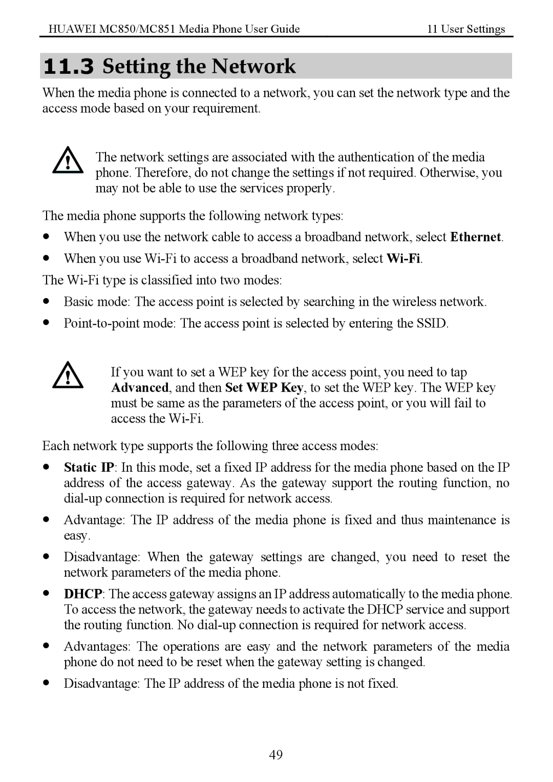 Huawei MC850 manual Setting the Network 