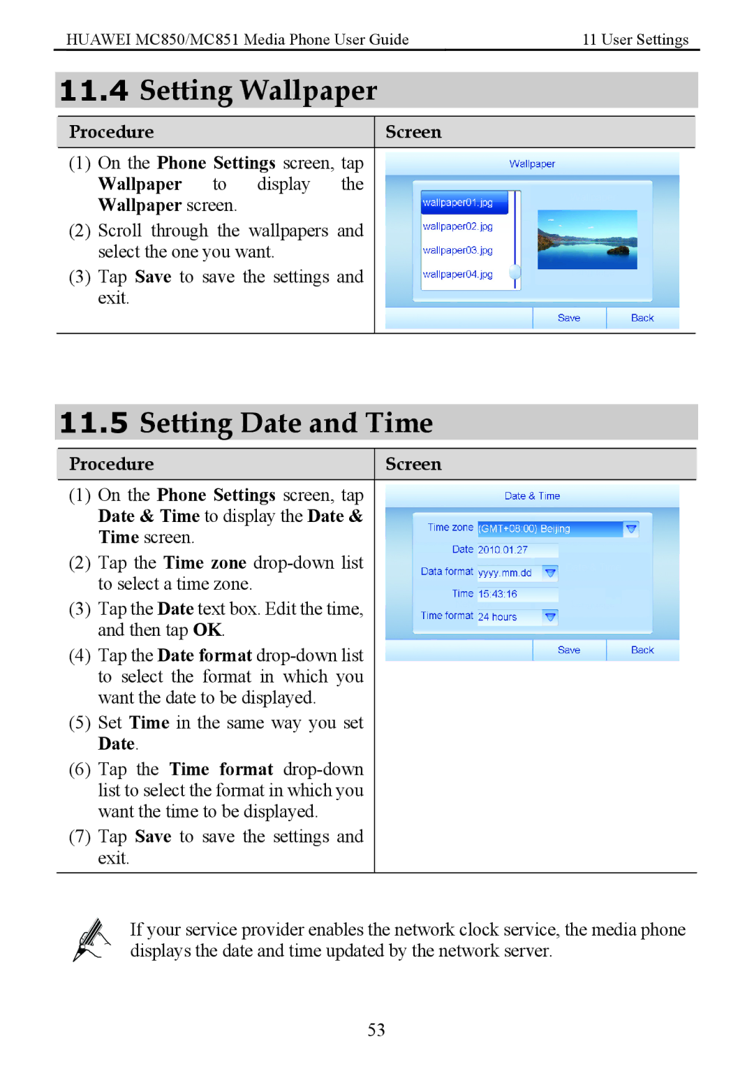 Huawei MC850 manual Setting Wallpaper, Setting Date and Time 